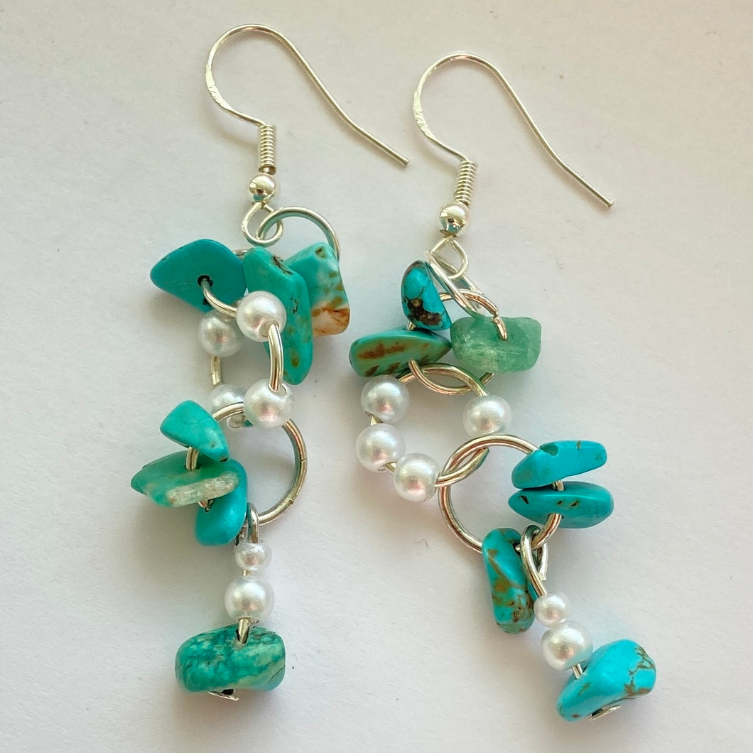 Turquoise, pearl effect and silver beaded Earrings