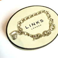 Pre Loved Links of London  Silver Bracelet with 3 Links of London Links, Heart charm and T Bar Clasp.