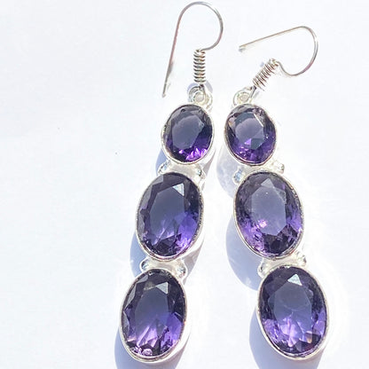 Purple Faceted Gemstone silver plated Earrings