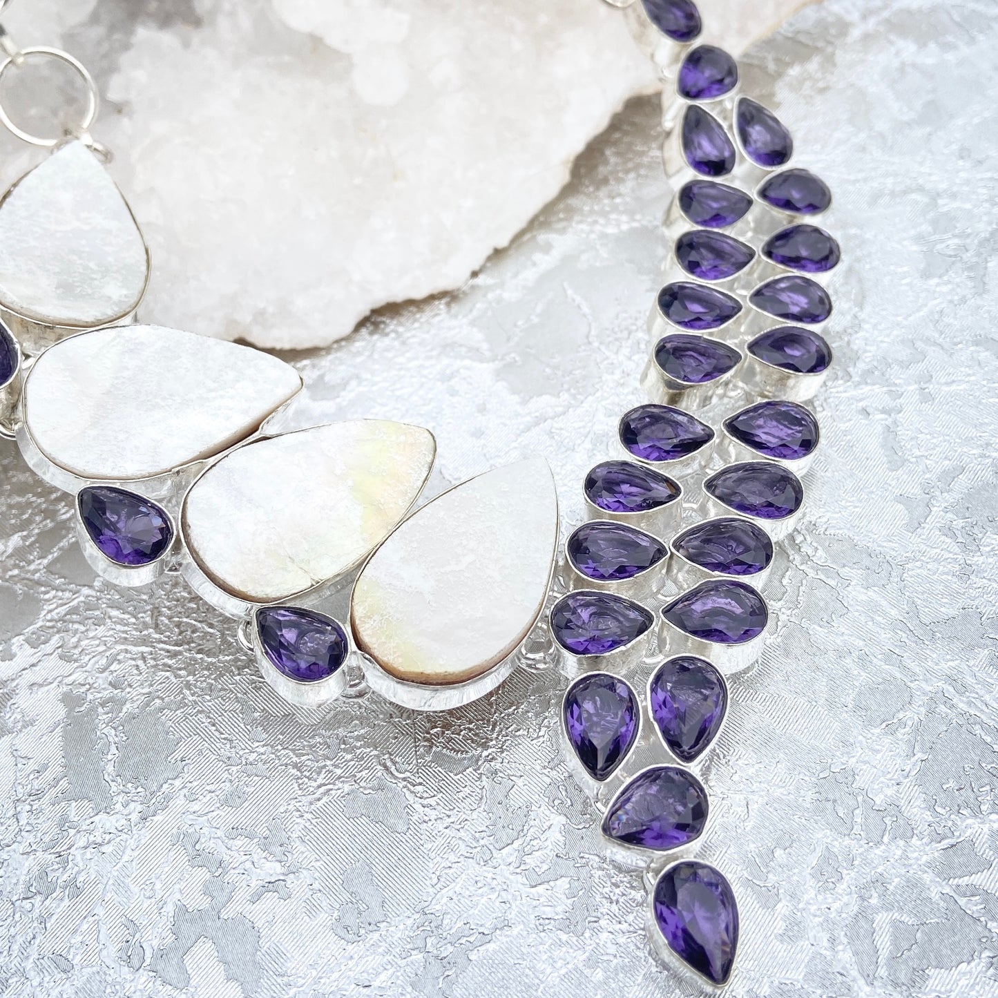 Amethyst and Mother of pearl Gemstone silver plated Necklace