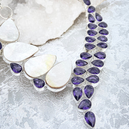 Amethyst and Mother of pearl Gemstone silver plated Necklace