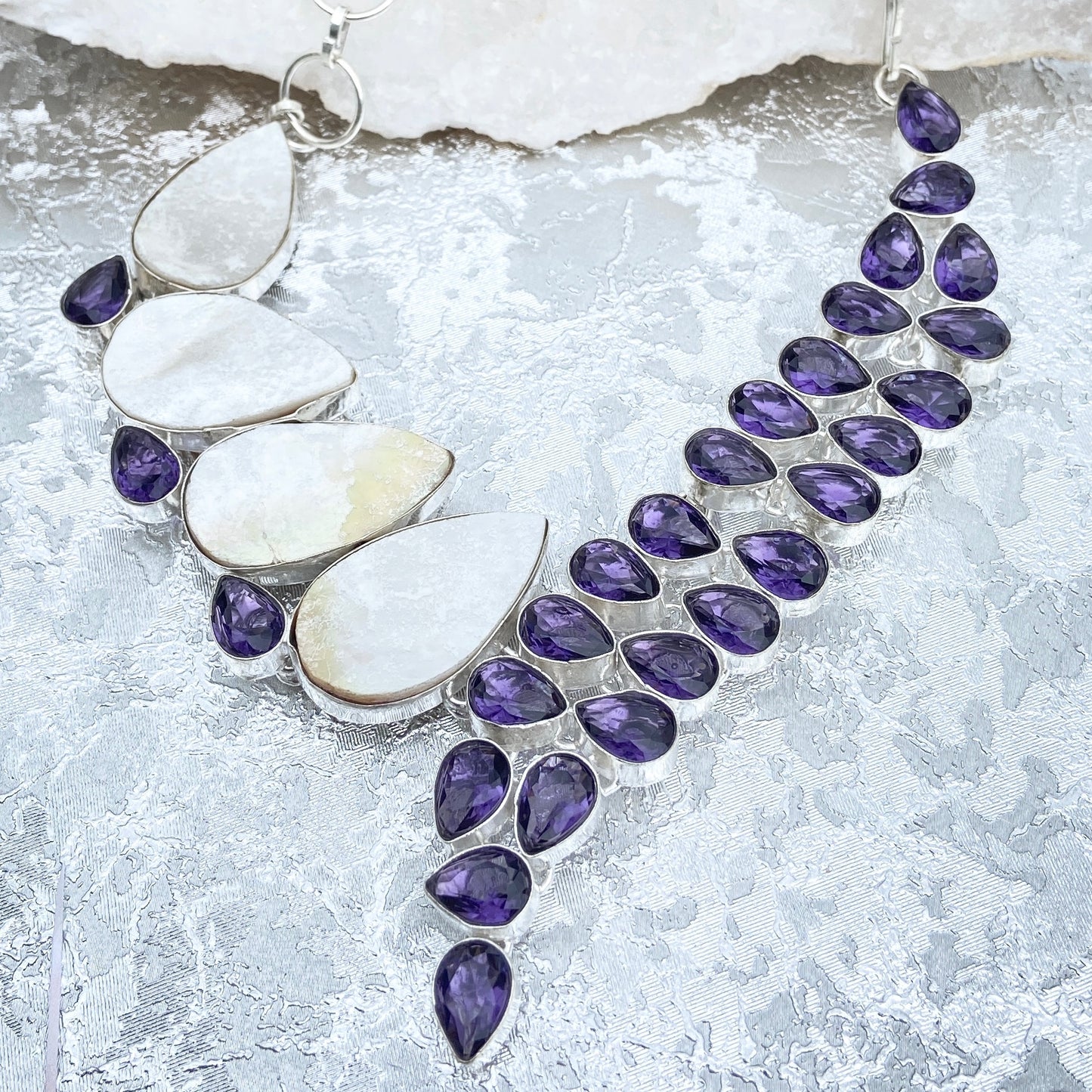 Amethyst and Mother of pearl Gemstone silver plated Necklace
