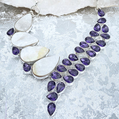 Amethyst and Mother of pearl Gemstone silver plated Necklace