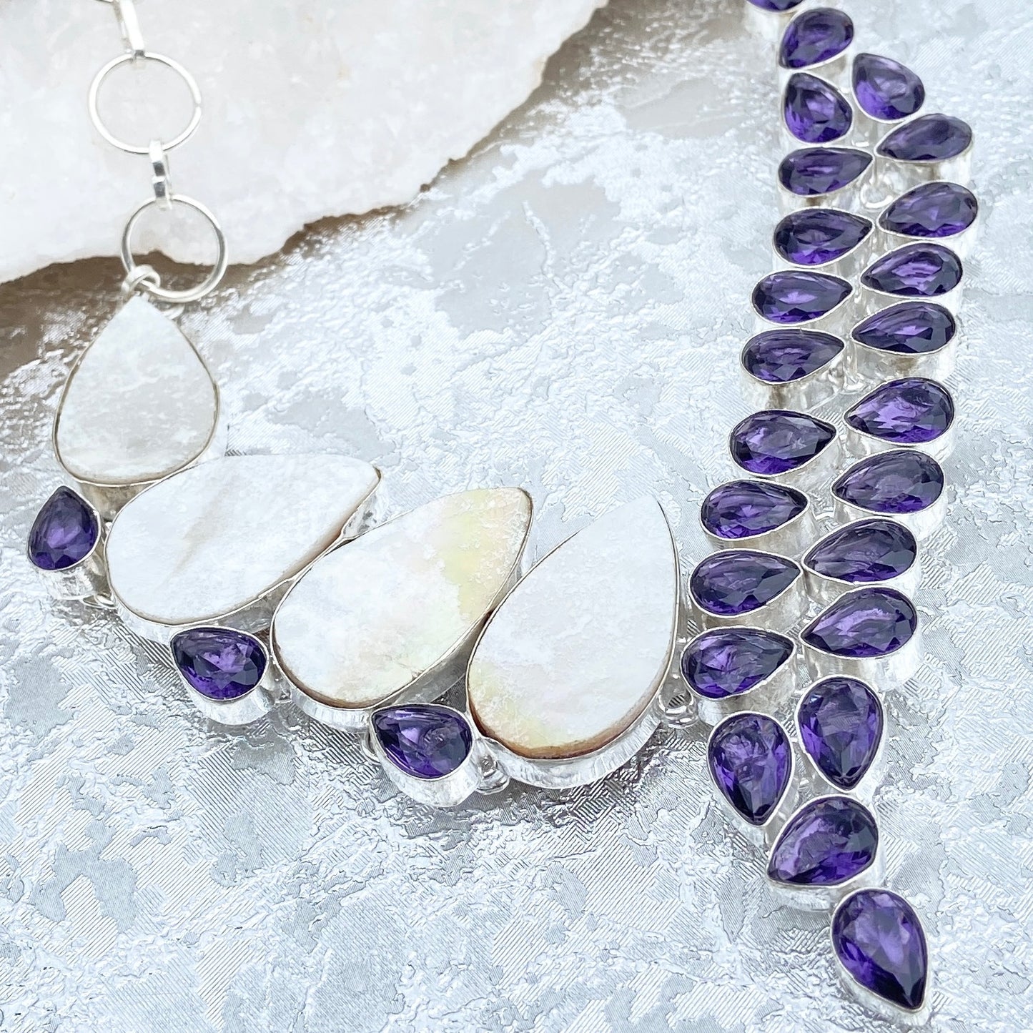 Amethyst and Mother of pearl Gemstone silver plated Necklace