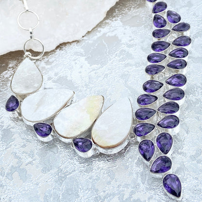 Amethyst and Mother of pearl Gemstone silver plated Necklace
