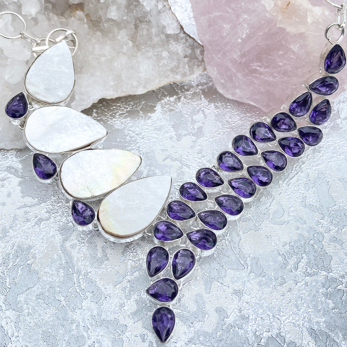Amethyst and Mother of pearl Gemstone silver plated Necklace