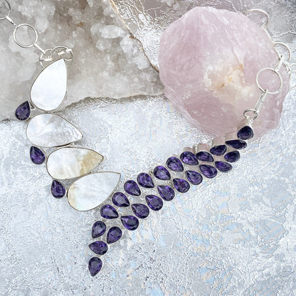 Amethyst and Mother of pearl Gemstone silver plated Necklace