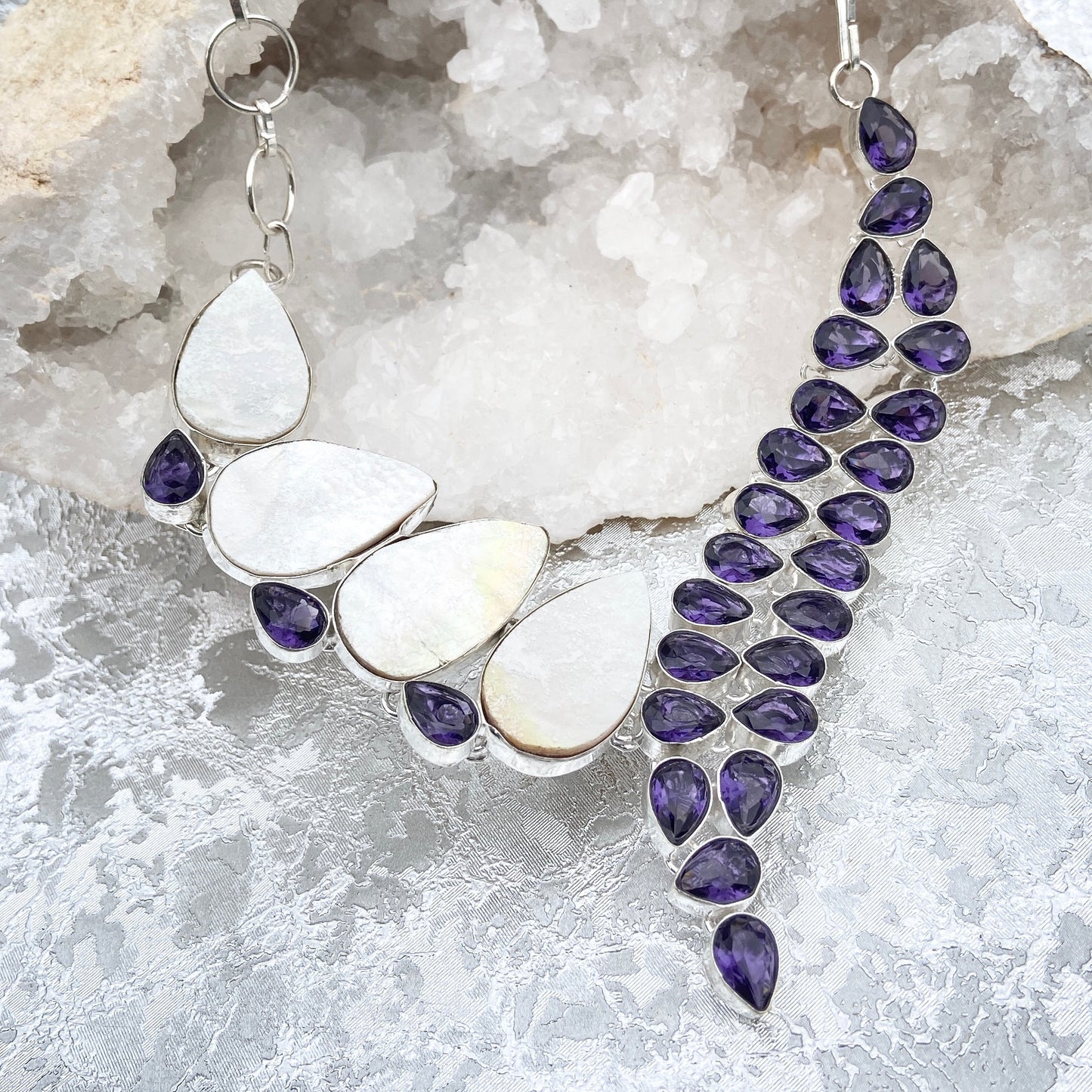Amethyst and Mother of pearl Gemstone silver plated Necklace