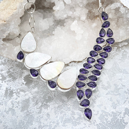 Amethyst and Mother of pearl Gemstone silver plated Necklace