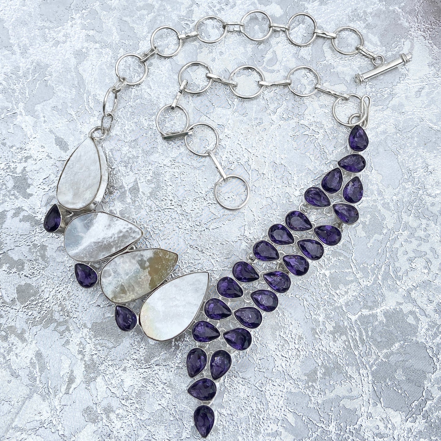 Amethyst and Mother of pearl Gemstone silver plated Necklace