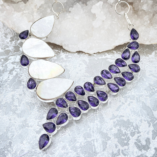Amethyst and Mother of pearl Gemstone silver plated Necklace